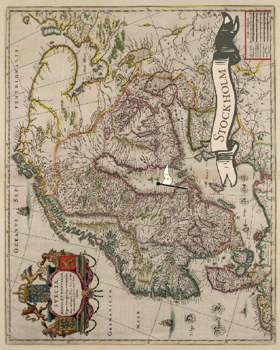 Reproduction d'une carte ancienne avec un repère indiquant l'emplacement de Stockholm