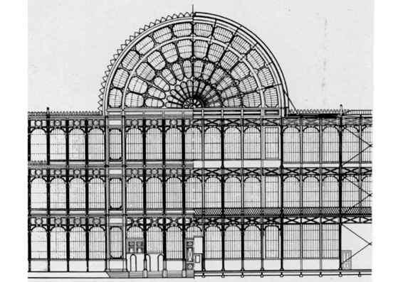 Veduta frontale del Crystal Palace: Paxton progettò le nervature radiali della volta a botte ispirandosi alla struttura delle foglie di Victoria amazonica .