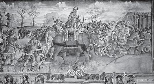 Annibale in Italia, in groppa a Surus, unico elefante sopravvissuto al freddo e alle infezioni che colpirono gli animali dopo il superamento delle Alpi. Affresco attribuito a Jacopo Ripanda (attr.), inizio XVI sec., Sala di Annibale, Musei Capitolini, Roma.