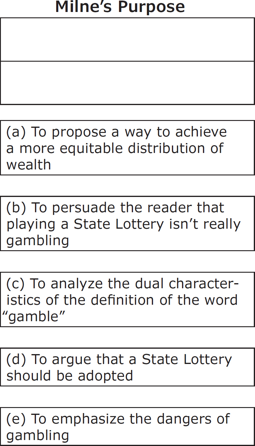 Milne’s Purpose (a) To propose a way to achieve a more equitable distribution of wealth (b) To persuade the reader that playing a State Lottery isn’t really gambling (c) To analyze the dual characteristics of the definition of the word “gamble” (d) To argue that a State Lottery should be adopted (e) To emphasize the dangers of gambling