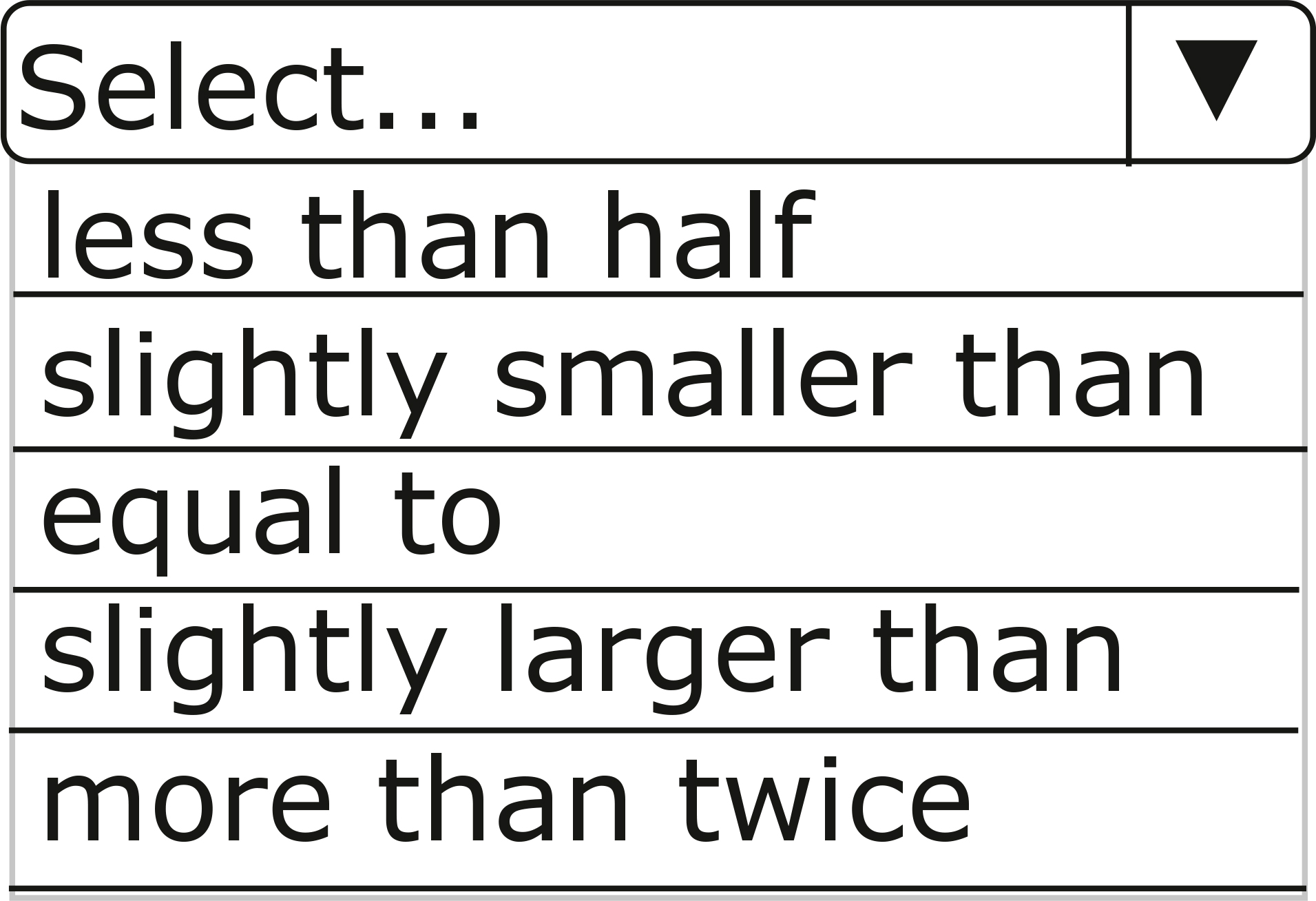 Select less than half slightly smaller than equal to slightly larger than more than twice