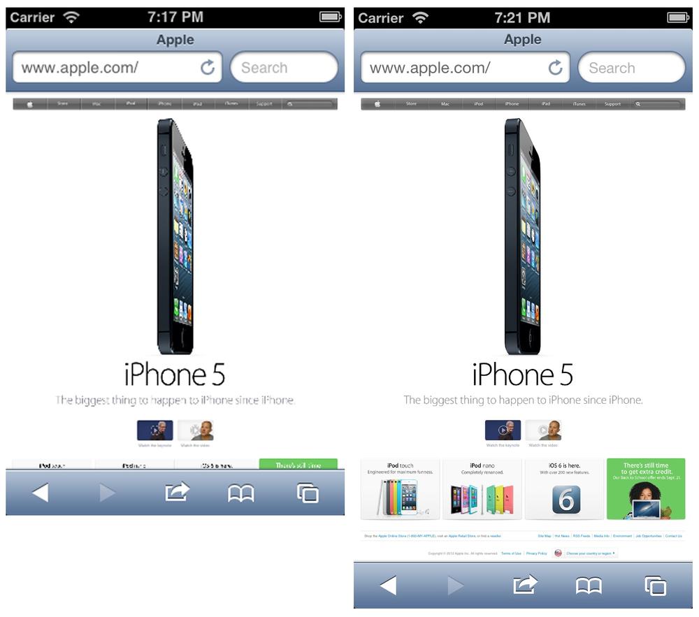 Apple.com has no mobile website or viewport declaration, so Safari defines a desktop-like viewport, using a width of 980 pixels, even though the iPhone 3GS (left) has a screen width of 320 pixels and the iPhone 5 (right) has a width of 640 pixels.