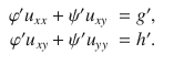 
$$\begin{array}{rcl} \varphi ^{\prime}{u}_{xx} + \psi ^{\prime}{u}_{xy}& = g^{\prime},& \\ \varphi ^{\prime}{u}_{xy} + \psi ^{\prime}{u}_{yy}& = h^{\prime}.& \\ \end{array}$$
