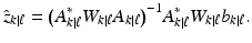 
$$\displaystyle{ \hat{z}_{k\vert \ell} ={\bigl ( A_{k\vert \ell}^{{\ast}}W_{ k\vert \ell}A_{k\vert \ell}\bigr )}^{-1}A_{ k\vert \ell}^{{\ast}}W_{ k\vert \ell}b_{k\vert \ell}. }$$
