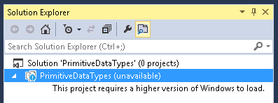 A screenshot of Solution Explorer in Visual Studio 2013 on Windows 7 or Windows 8 after attempting to open a solution for a Windows Store app. Solution Explorer is displaying the message This project requires Windows 8.1 or higher to load.