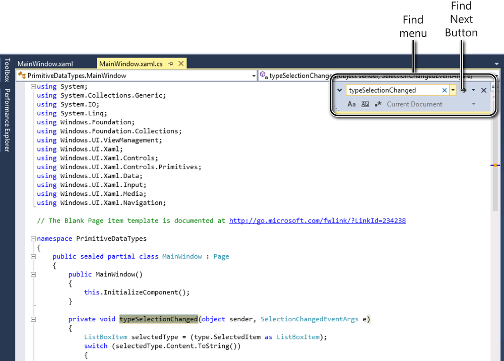 A screenshot of the Code and Text Editor window showing the code for the MainWindow.xaml.cs file. The Find menu is displayed, the user has entered the text typeSelectionChanged, and clicked the Find Next button. The typeSelectionChanged method is shown highlighted.