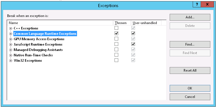 A screenshot of the Exceptions dialog box in Visual Studio.