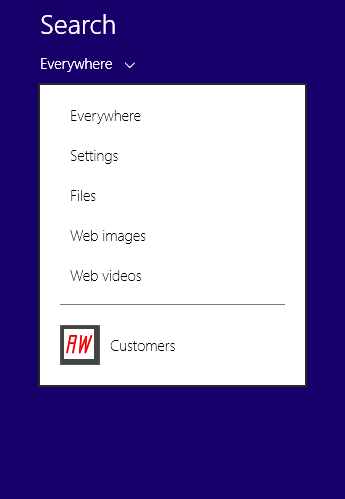 A screenshot of the Search charm listing the Customers application.