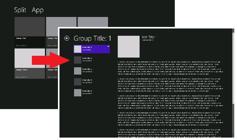 A diagram showing the pages of an application generated by using the Split App template.