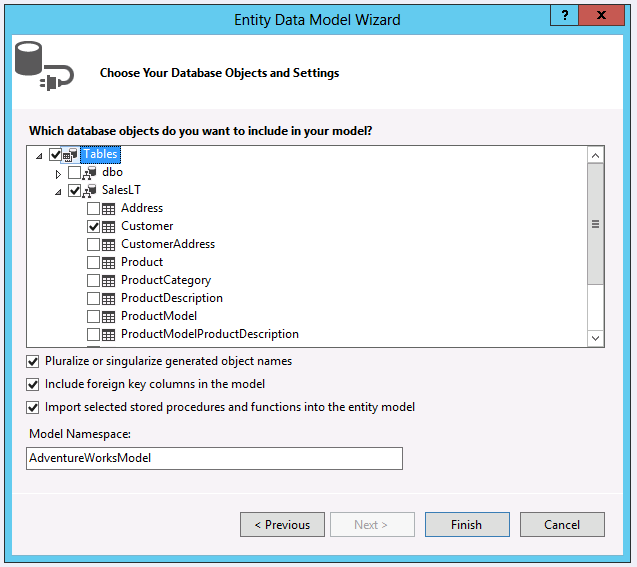 A screenshot of the Choose Your Database Objects And Settings page of the Entity Data Model Wizard. The Customer table has been selected. The Pluralize Or Singularize Generated Object Names option is also selected. The model namespace is AdventureWorksModel.