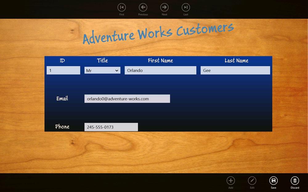 A screenshot of the Customers app in Editing mode. The data entry fields are enabled, as are the Save and Discard buttons. All of the other buttons are disabled.