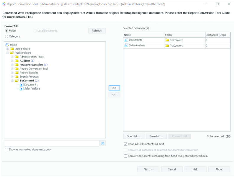 Desktop Intelligence Documents Selection