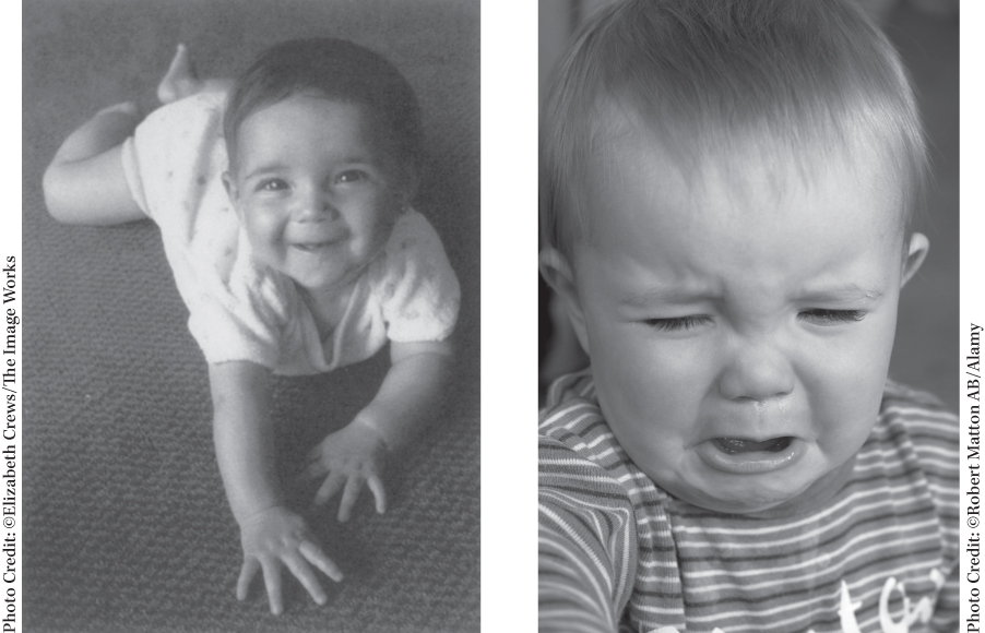 Photographs of (left) a little boy with a happy expression on his face and (right) another little boy with a sad expression on his face.