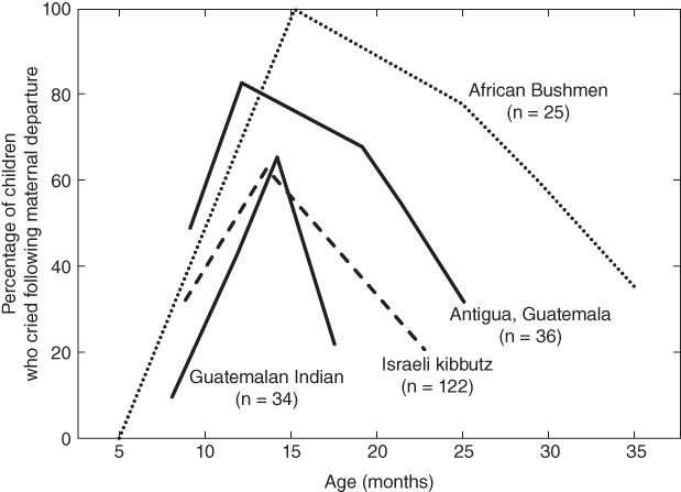 Illustration of different curves depicting the development of children’s distress responses when separated from their mothers, in four different cultures.