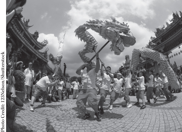 Photograph depicting the people of Taiwan participating in a celebration, evoking emotions that solidify group identity.