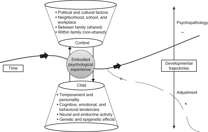 Illustration depicting the development of psychopathology over time, influenced both by the context and by the factors inherent in the child.