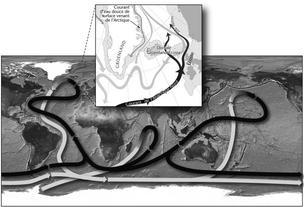  Ce diagramme schématique montre le spectaculaire retournement en U dans l’Atlantique Nord, au voisinage de la dorsale Groenland-Écosse. Dans la mer du Groenland, à l’ouest du Spitzberg, où William Scoresby navigua en 1816, des millions de litres d’eau salée et chaude se dirigent vers le nord, alors que le courant revenant vers le sud est moins salé et plus froid de 12° C (Jack Cook © Woods Hole Oceanographic Institution).