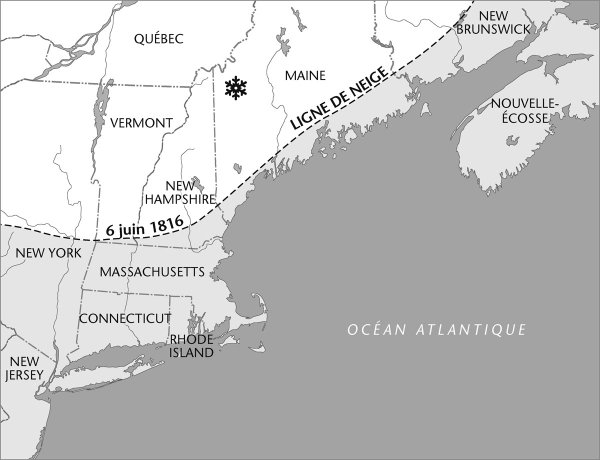  La tempête volcanique d’été du 6 juin 1816 – l’événement climatique extrême le plus célèbre de l’Amérique du  siècle – toucha la plus grande partie de la Nouvelle-Angleterre. Le froid s’est répandu au sud jusqu’à Bennington (Vermont), et Concord (New Hampshire), provoquant des chutes de neige jusqu’à la frontière nord du Massachusetts (adapté de Henry S et Elizabeth S , , Seven Seas Press, Newport, RI, 1983, p. 28-29).