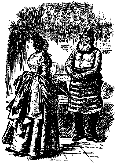 Lady talking to her butcher.