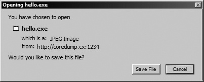 Prompt displayed by Firefox when saving a Content-Type: image/jpeg document served with Content-Disposition: attachment. The “hello.exe” filename is derived by the browser from a nonfunctional PATH_INFO suffix appended by the attacker at the end of the URL. The prompt incorrectly claims that the .exe file is a “JPEG Image.” In fact, when saved to disk, it will be an executable.