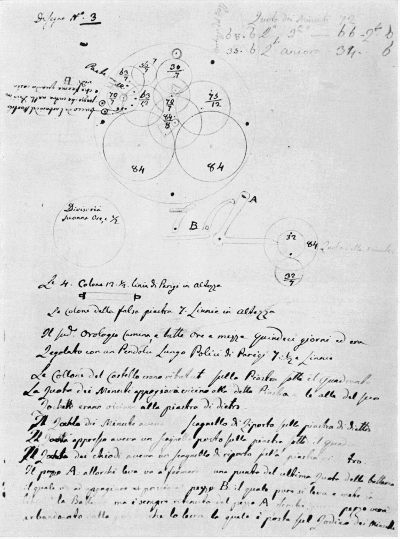 Figure 33.—Fifteen-day striking clock sketch, inscribed "Design No. 3," found in Bertolla's workshop. (Courtesy of Museo Nazionale della Scienza e della Tecnica, Milan.)