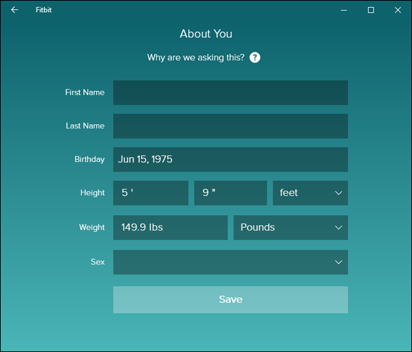 Screenshot of a version of the About You screen that appears in the Windows 10 version of the Fitbit app.