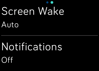 Screenshot displaying the Fitbit device’s quick settings, to tap Notifications to Off and set the Screen Wake to auto mode.