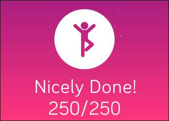 Screenshot of a Fitbit display telling the user that he or she has reached the target goal of 250 steps before the hour ends.