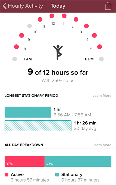 Screenshot displaying the hourly activity summary that includes statistics for longest stationary period and total stationary time.