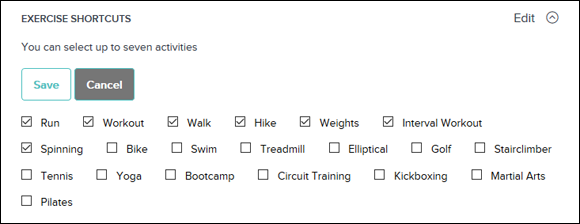 Screenshot of Fitbit.com displaying check boxes for every exercise shortcut it can track; the user can select up to seven activities at a time.