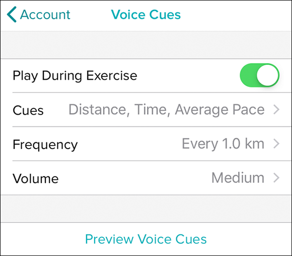 Screenshot of the Fitbit app displaying the Voice Cues screen to configure the exercise voice cues of the user.