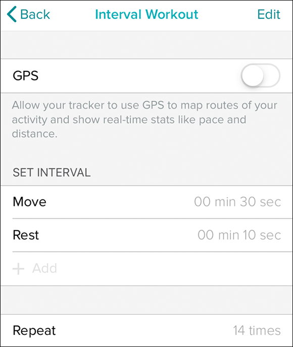 Screenshot of the Interval Workout screen that allows the tracker to use GPS to configure the exercise interval sessions of a user.