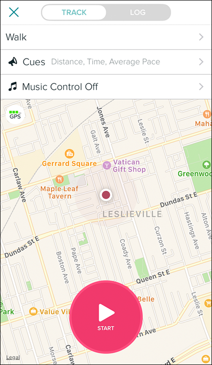 Screenshot displaying the map of an area using the Track tab or screen to track a walk, hike, or run using the Fitbit app.