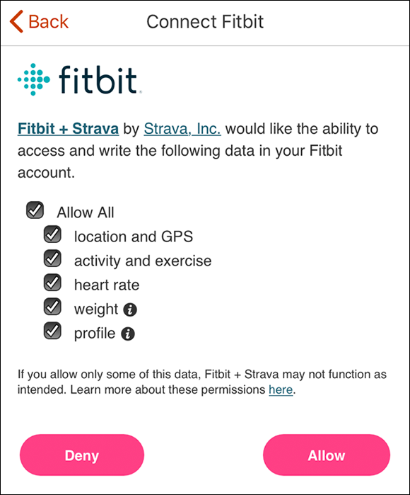 Screenshot of the an iOS Connect Fitbit screen where Fitbit asks the user to choose which data they want to allow Strava to access.