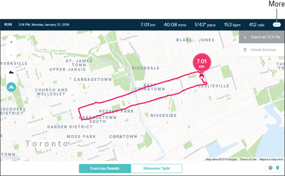 Screenshot displaying a route map to locate and export a GPS-tracked activity as a TCX file, marked at the center.