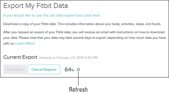 Screenshot of the Export My Fitbit Data page displaying a Current Export item with a percentage, and click the Refresh icon to view the latest percentage.