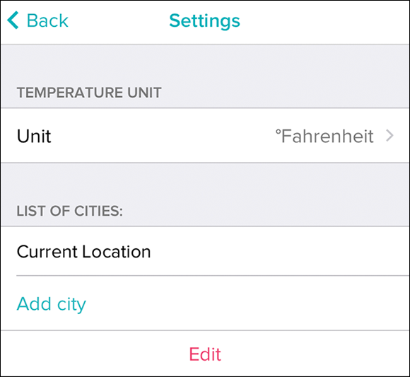 Screenshot of the Settings screen for the Weather app in an iOS device, to configure the weather settings.