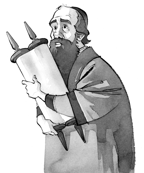 Simeon holding a large scroll