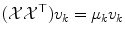 
$$\displaystyle{ (\mathcal{X}\mathcal{X}^{\top })v_{ k} =\mu _{k}v_{k} }$$
