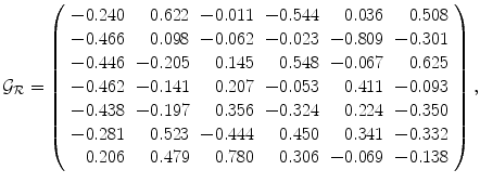 
$$\displaystyle{\mathcal{G}_{\mathcal{R}} = \left (\begin{array}{rrrrrr} - 0.240& 0.622& - 0.011& - 0.544& 0.036& 0.508\\ - 0.466 & 0.098 & - 0.062 & - 0.023 & - 0.809 & - 0.301 \\ - 0.446& - 0.205& 0.145& 0.548& - 0.067& 0.625\\ - 0.462 & - 0.141 & 0.207 & - 0.053 & 0.411 & - 0.093 \\ - 0.438& - 0.197& 0.356& - 0.324& 0.224& - 0.350\\ - 0.281 & 0.523 & - 0.444 & 0.450 & 0.341 & - 0.332 \\ 0.206& 0.479& 0.780& 0.306& - 0.069& - 0.138 \end{array} \right ),}$$
