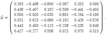 
$$\displaystyle{\mathcal{G} = \left (\begin{array}{rrrrrr} 0.263& - 0.408& - 0.800& - 0.067& 0.333& 0.099\\ 0.438 & - 0.407 & 0.162 & - 0.509 & - 0.441 & - 0.403 \\ 0.500& - 0.003& - 0.035& 0.801& - 0.264& - 0.190\\ 0.331 & 0.623 & - 0.080 & - 0.192 & 0.426 & - 0.526 \\ 0.443& 0.450& - 0.123& - 0.238& - 0.335& 0.646\\ 0.427 & - 0.277 & 0.558 & 0.021 & 0.575 & 0.313 \\ \end{array} \right ).}$$
