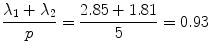 
$$\displaystyle{\frac{\lambda _{1} +\lambda _{2}} {p} = \frac{2.85 + 1.81} {5} = 0.93}$$
