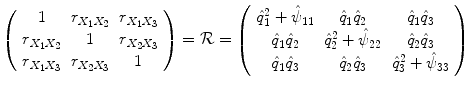 
$$\displaystyle{\left (\begin{array}{ccc} 1 &r_{X_{1}X_{2}} & r_{X_{1}X_{3}} \\ r_{X_{1}X_{2}} & 1 &r_{X_{2}X_{3}} \\ r_{X_{1}X_{3}} & r_{X_{2}X_{3}} & 1 \end{array} \right ) = \mathcal{R} = \left (\begin{array}{ccc} \hat{q}_{1}^{2} +\hat{\psi } _{11} & \hat{q}_{1}\hat{q}_{2} & \hat{q}_{1}\hat{q}_{3} \\ \hat{q}_{1}\hat{q}_{2} & \hat{q}_{2}^{2} +\hat{\psi } _{22} & \hat{q}_{2}\hat{q}_{3} \\ \hat{q}_{1}\hat{q}_{3} & \hat{q}_{2}\hat{q}_{3} & \hat{q}_{3}^{2} +\hat{\psi } _{33} \end{array} \right )}$$
