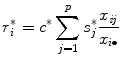 
$$\displaystyle{ r_{i}^{{\ast}} = c^{{\ast}}\sum _{ j=1}^{p}s_{ j}^{{\ast}}\frac{x_{\mathit{ij}}} {x_{i\bullet }} \, }$$
