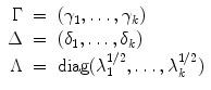 
$$\displaystyle\begin{array}{rcl} \Gamma & =& (\gamma _{1},\ldots,\gamma _{k}) \\ \Delta & =& (\delta _{1},\ldots,\delta _{k}) \\ \Lambda & =& \mathop{\mathrm{diag}}(\lambda _{1}^{1/2},\ldots,\lambda _{ k}^{1/2}){}\end{array}$$
