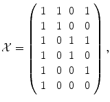 
$$\displaystyle{ \mathcal{X} = \left (\begin{array}{cccc} 1\ &1&0\ &1\\ 1\ &1 &0\ &0 \\ 1\ &0&1\ &1\\ 1\ &0 &1\ &0 \\ 1\ &0&0\ &1\\ 1\ &0 &0\ &0\\ \end{array} \right ), }$$
