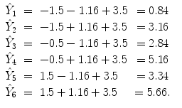 
$$\displaystyle{\begin{array}{lclcl} \hat{Y }_{1} & =& - 1.5 - 1.16 + 3.5& = 0.84 & \\ \hat{Y }_{2} & =& - 1.5 + 1.16 + 3.5& = 3.16 & \\ \hat{Y }_{3} & =& - 0.5 - 1.16 + 3.5& = 2.84 & \\ \hat{Y }_{4} & =& - 0.5 + 1.16 + 3.5& = 5.16 & \\ \hat{Y }_{5} & =& 1.5 - 1.16 + 3.5 & = 3.34 & \\ \hat{Y }_{6} & =& 1.5 + 1.16 + 3.5 & = 5.66.&\\ \end{array} }$$
