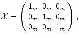 
$$\displaystyle{ \mathcal{X} = \left (\begin{array}{ccc} 1_{m}&0_{m}&0_{m} \\ 0_{m}&1_{m}&0_{m} \\ 0_{m}&0_{m}&1_{m}\\ \end{array} \right ), }$$
