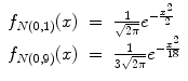 
$$\displaystyle\begin{array}{rcl} f_{N(0,1)}(x)& =& \frac{1} {\sqrt{2\pi }}e^{-\frac{x^{2}} {2} } {}\\ f_{N(0,9)}(x)& =& \frac{1} {3\sqrt{2\pi }}e^{-\frac{x^{2}} {18} } {}\\ \end{array}$$
