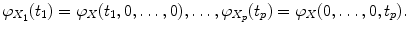 
$$\displaystyle{ \varphi _{X_{1}}(t_{1}) =\varphi _{X}(t_{1},0,\ldots,0),\ldots,\varphi _{X_{p}}(t_{p}) =\varphi _{X}(0,\ldots,0,t_{p}).\ }$$
